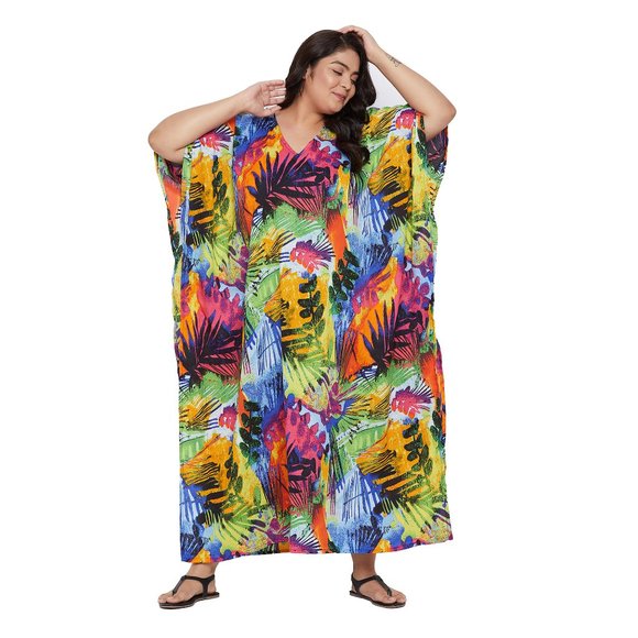 Womens Multicolor Beautiful Floral Kaftan Beach Cover Up Traditional Maxi Dress - Picture 4 of 9